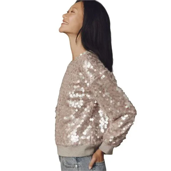 Maeve Long-Sleeve Sequin Sweatshirt Anthropologie Anthro Pink/Gray Small
